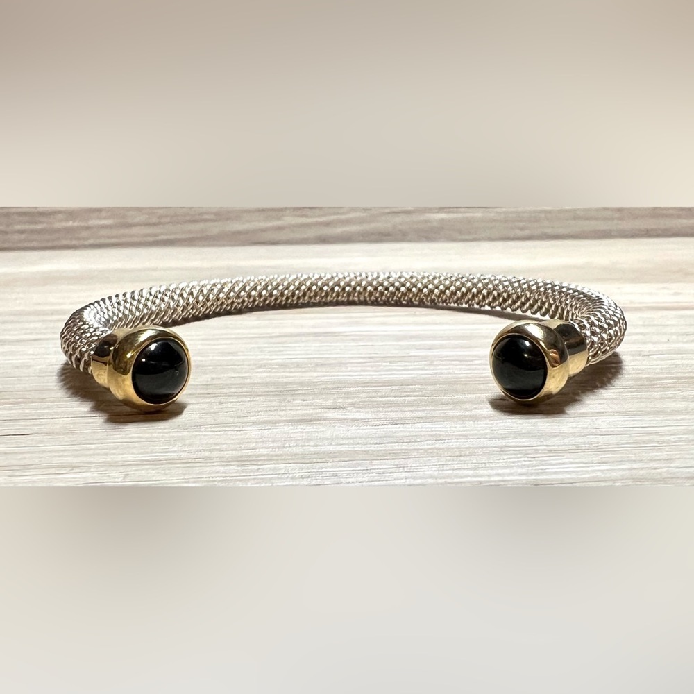 Vintage Designer Sterling Silver & Gold Onyx Cabochon Tip Cuff Bracelet, 7"